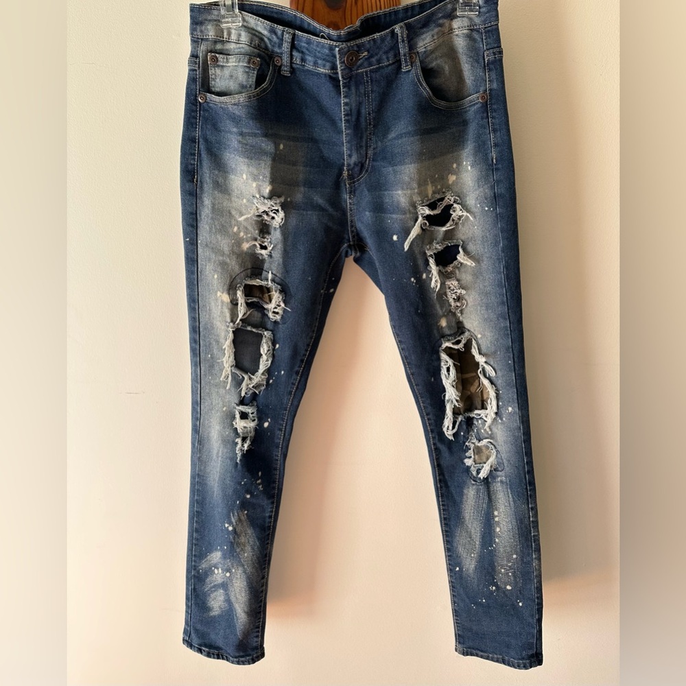 M.Society Mens Skinny Medium Wash Paint Splattered Distressed Camo Patched 36x32